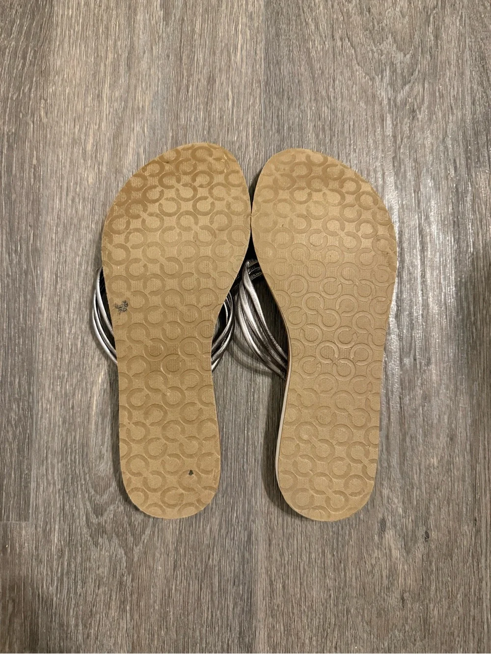 Coach Tan Graphic Leather Sandals with Metallic Silver Straps